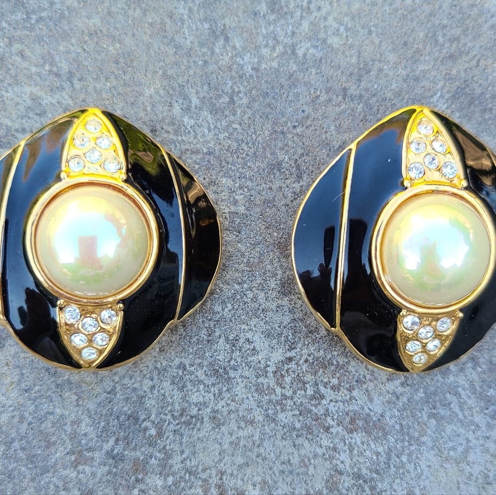 Vintage 1980's Clip Earrings-Enamel, Pearl and Crystal